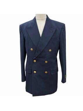 Gucci Cotton 100% Gold Button Double Breasted Navy Leather Jacket 48 Hanger